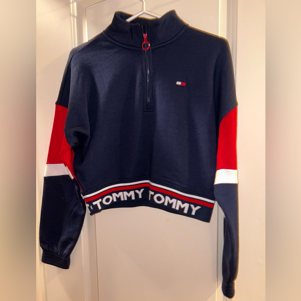 Tommy Hilfiger Quarter Zip Up In Navy Red & White. New With Tags. Size Small.
